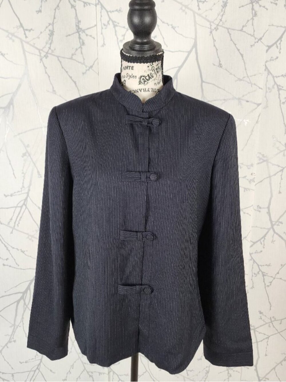 Giorgio Armani VTG Black Pinstripe Wool Mandarin Collar Jacket